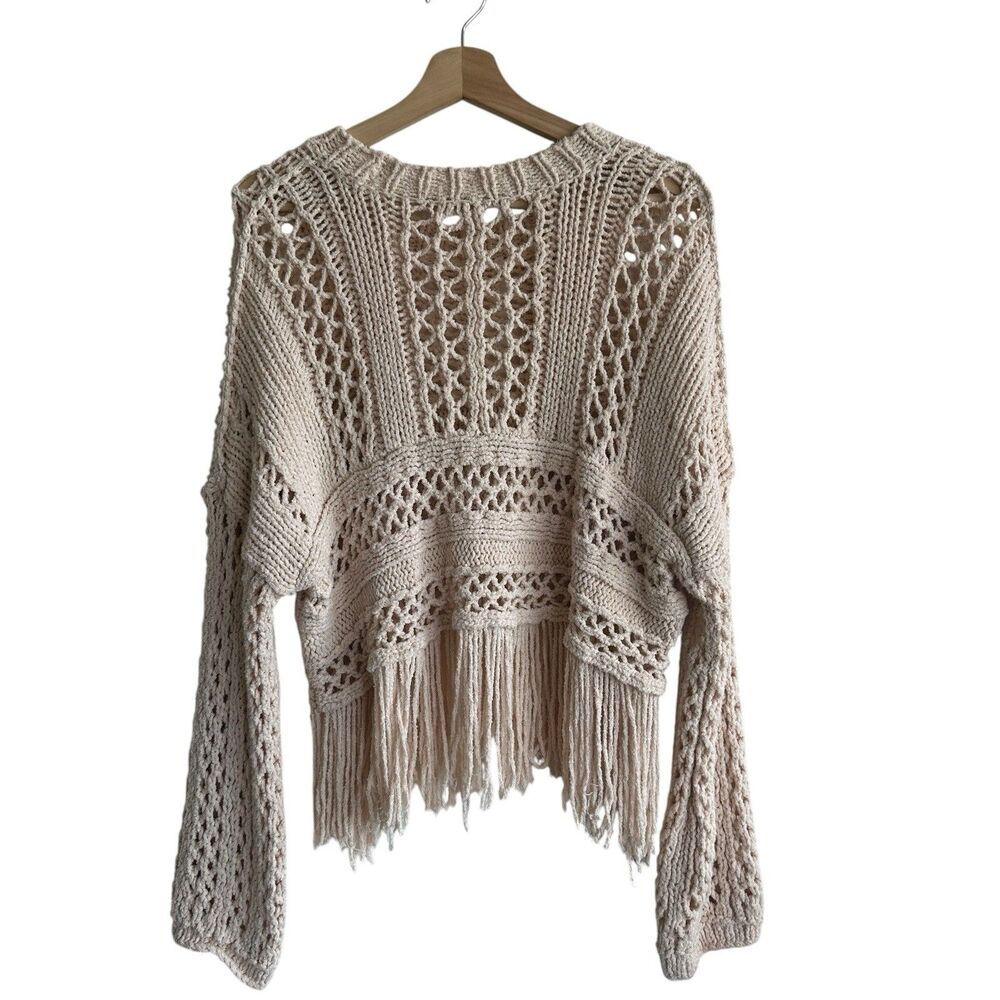 Free People Higher Love Sweater M Crochet Knit Fringe Boho Hippie - Picture 3 of 10